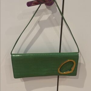 Charriol Green Crocodile Embossed Clutch/removable strap  with Gold Accent